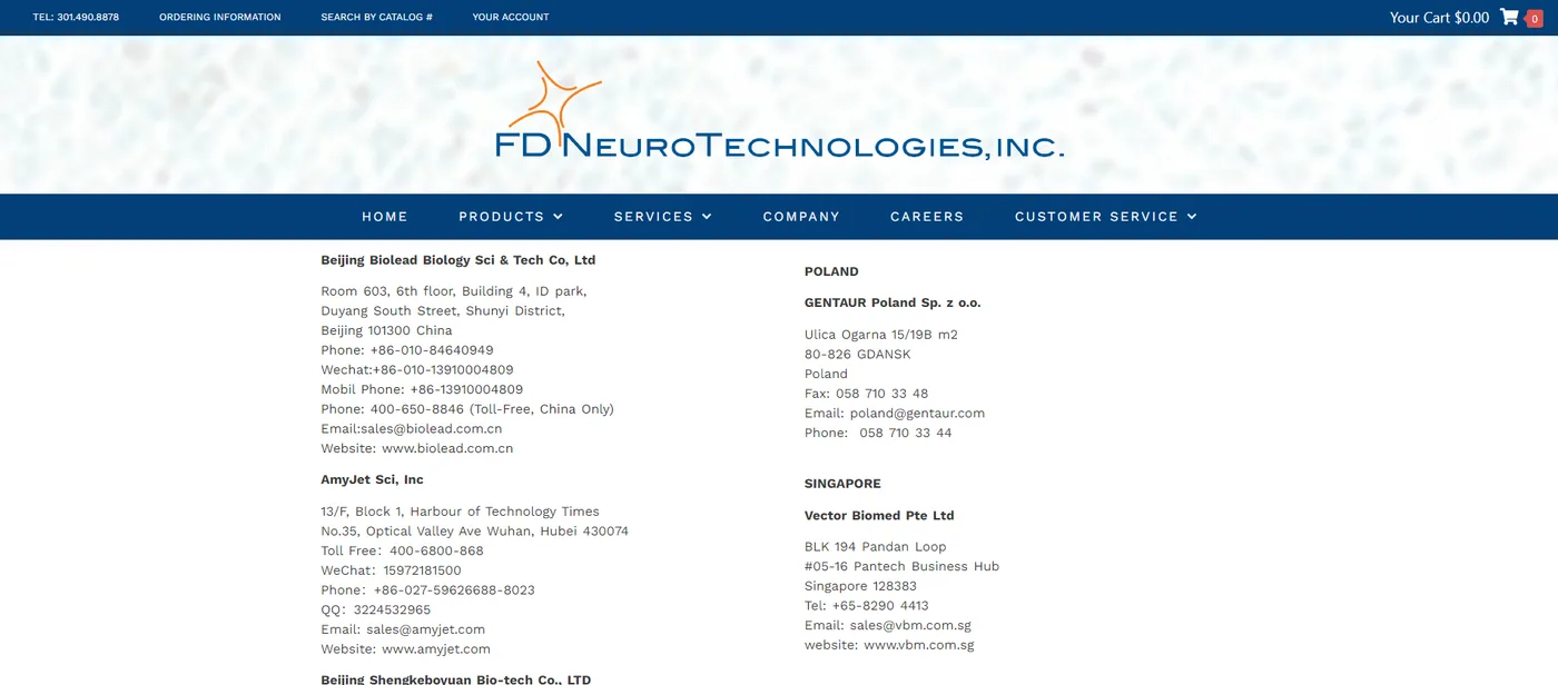 FD NeuroTechnologies 官网经销商页面截图预览